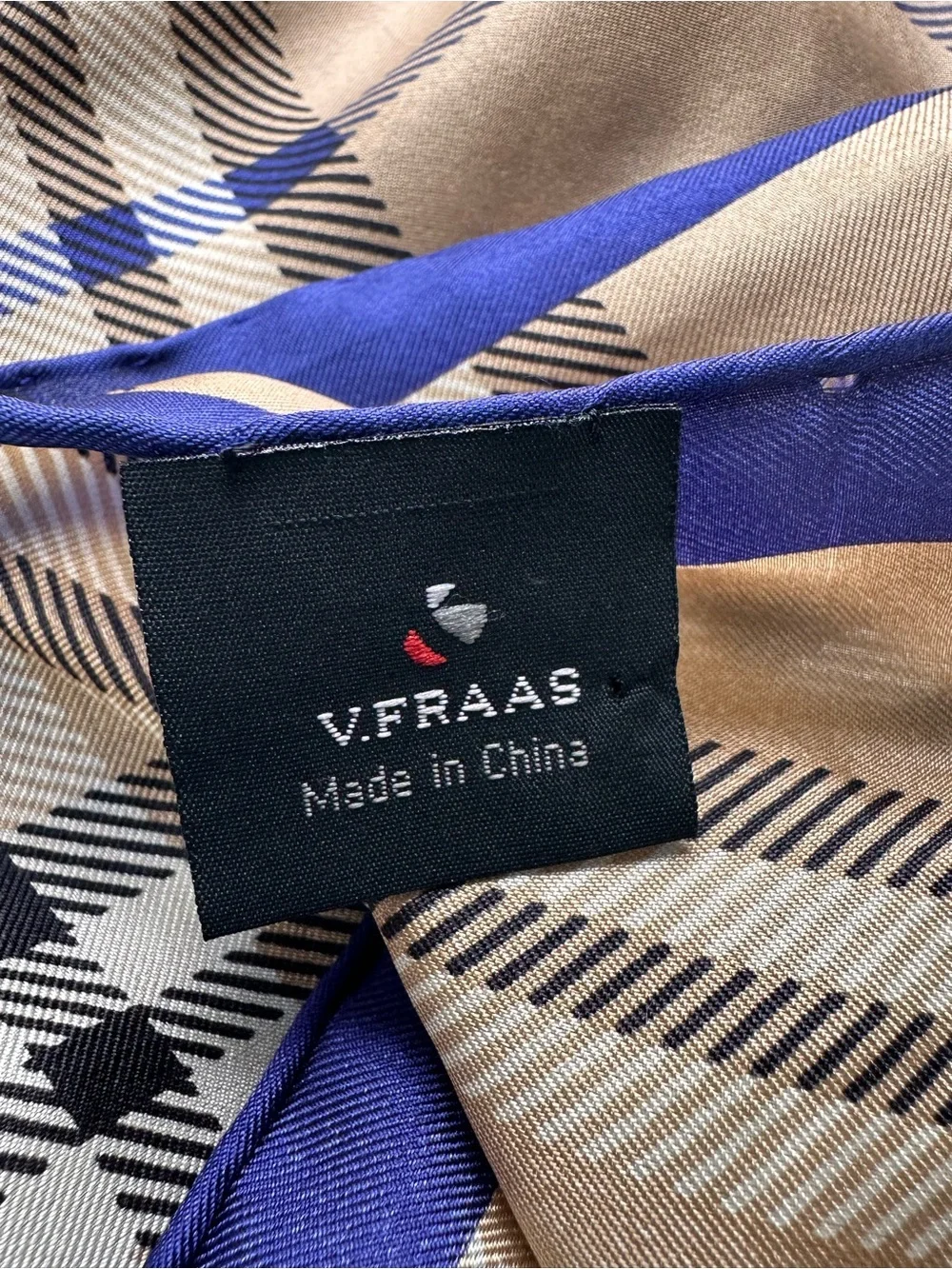 V. FRAAS 100% Silk Beige Plaid Scarf with Navy Satin Border